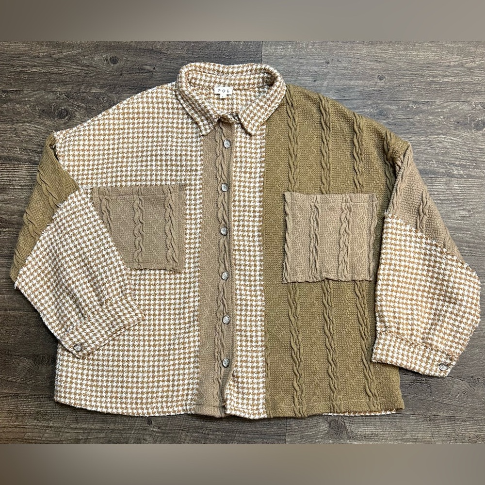 POL Pieced Patchwork Houndstooth Shacket Mocha Mu… - image 1